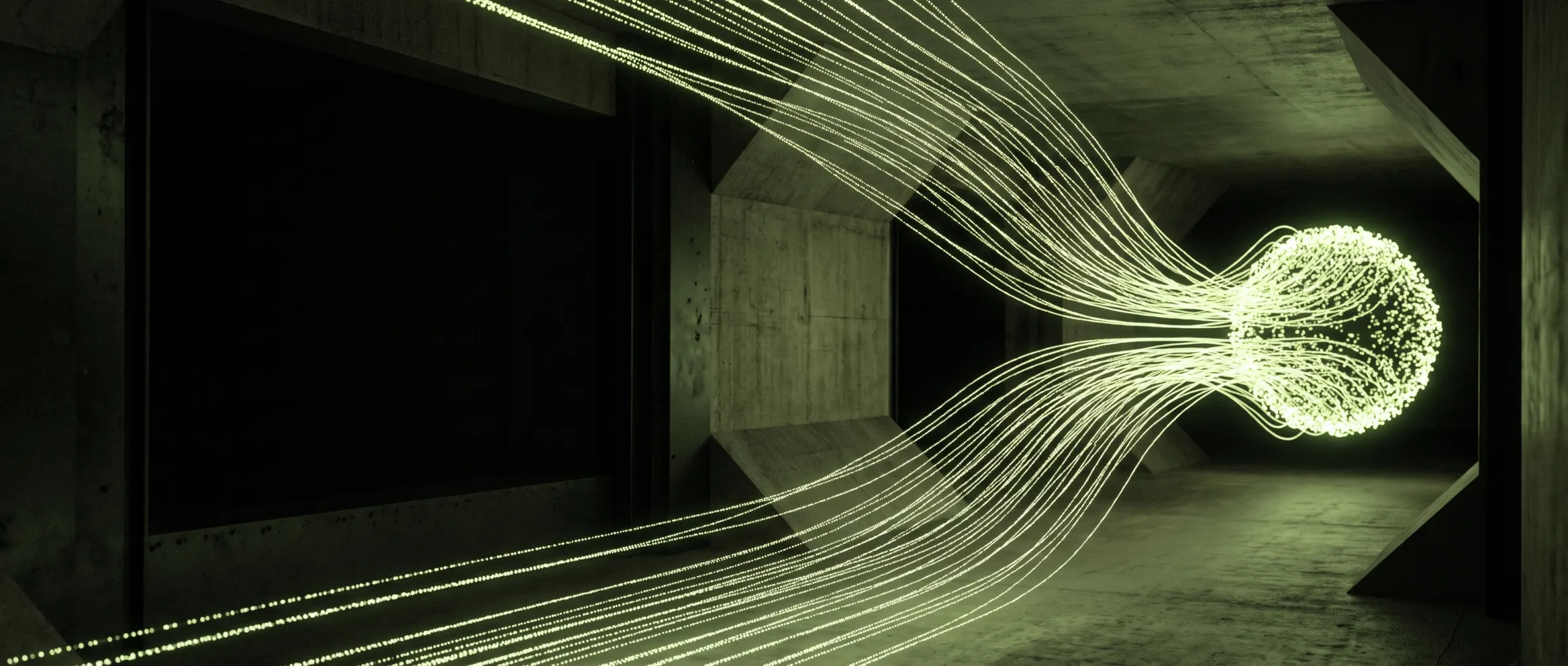 Streams of light converging into a luminous node in a concrete space