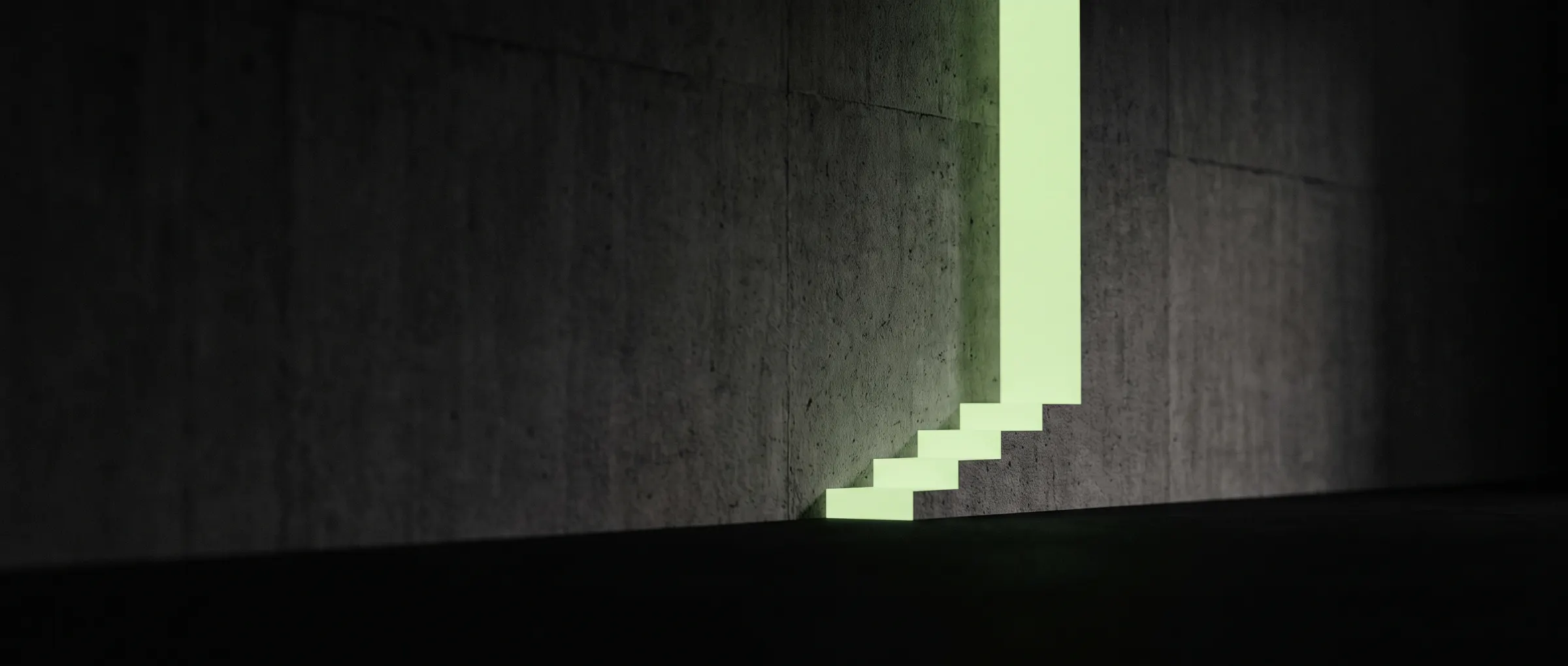 A thread of green light rising in steps across dark concrete
