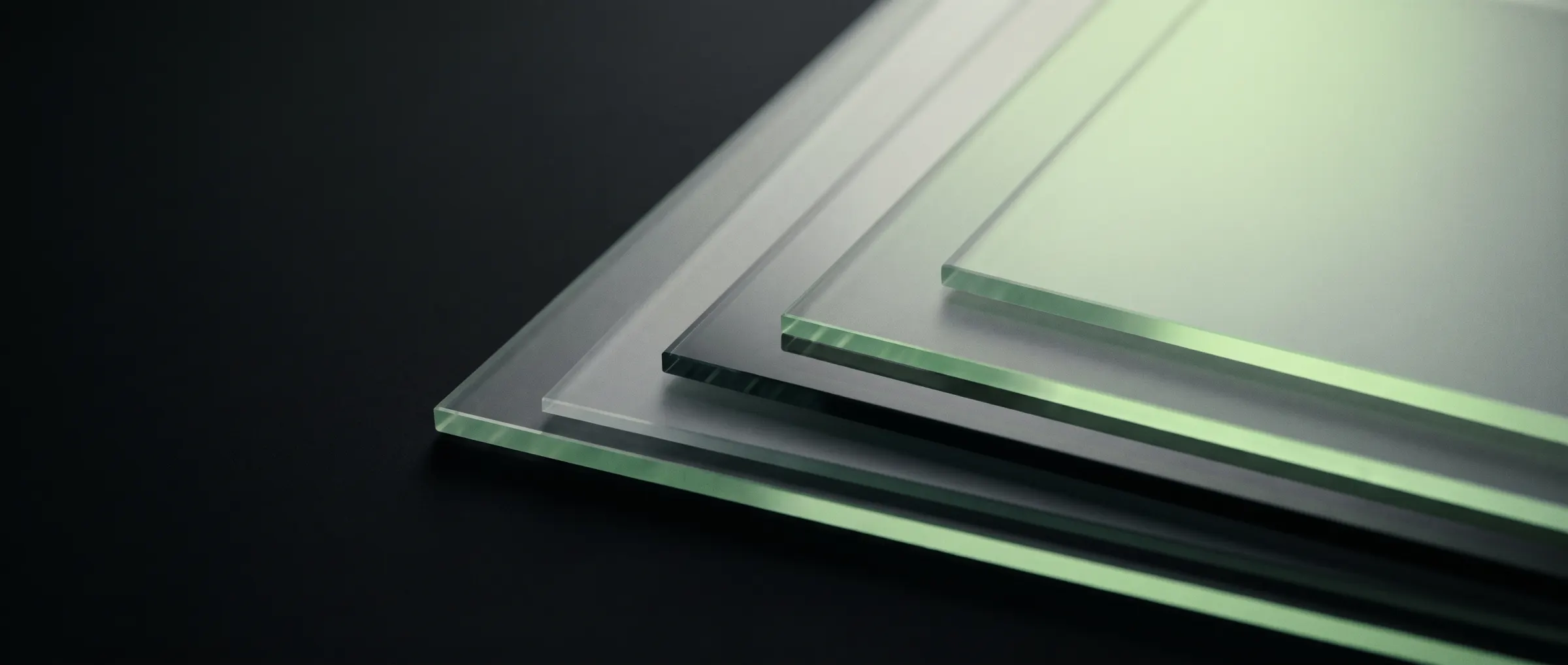 Stacked glass layers catching a faint green light